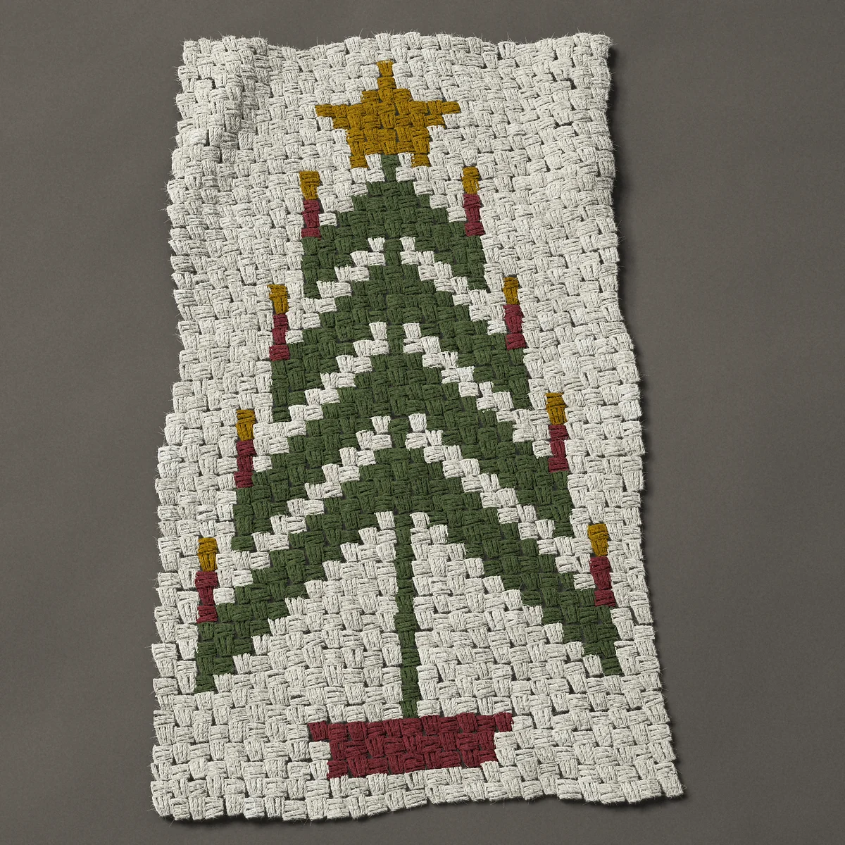 A panel worked corner to corner, 20¼ by 37½ inches: Sampler motif Christmas tree with candles and a star, 27 by 50 blocks