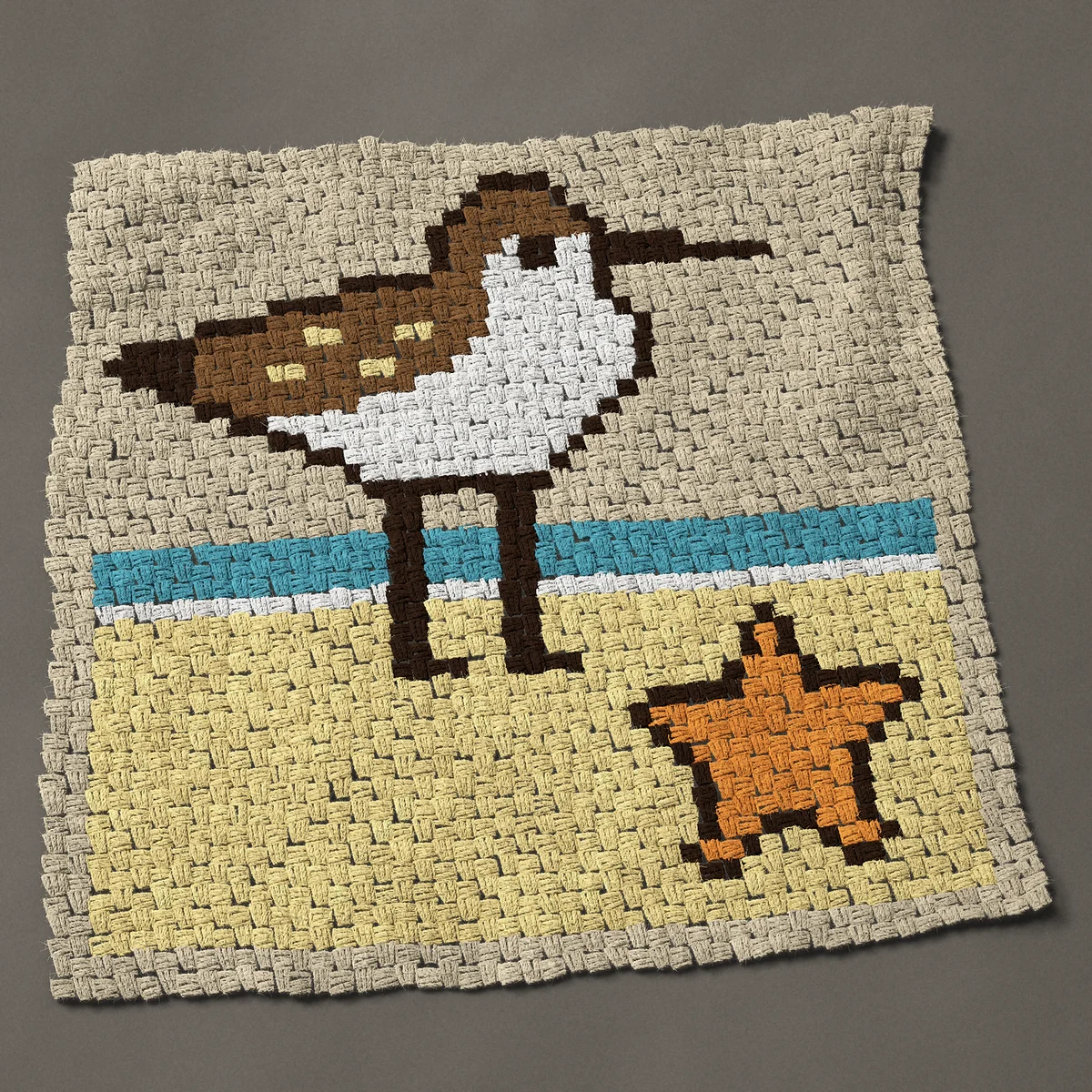 A panel worked corner to corner, 36 by 34½ inches: Sandpiper and starfish on the beach, a shore bird, 48 by 46 blocks