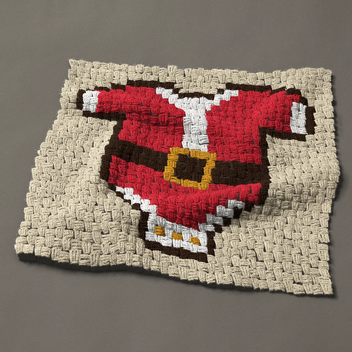 A panel worked corner to corner, 26¼ by 24 inches: Baby Santa suit with a belt and gold buckle, 35 by 32 blocks