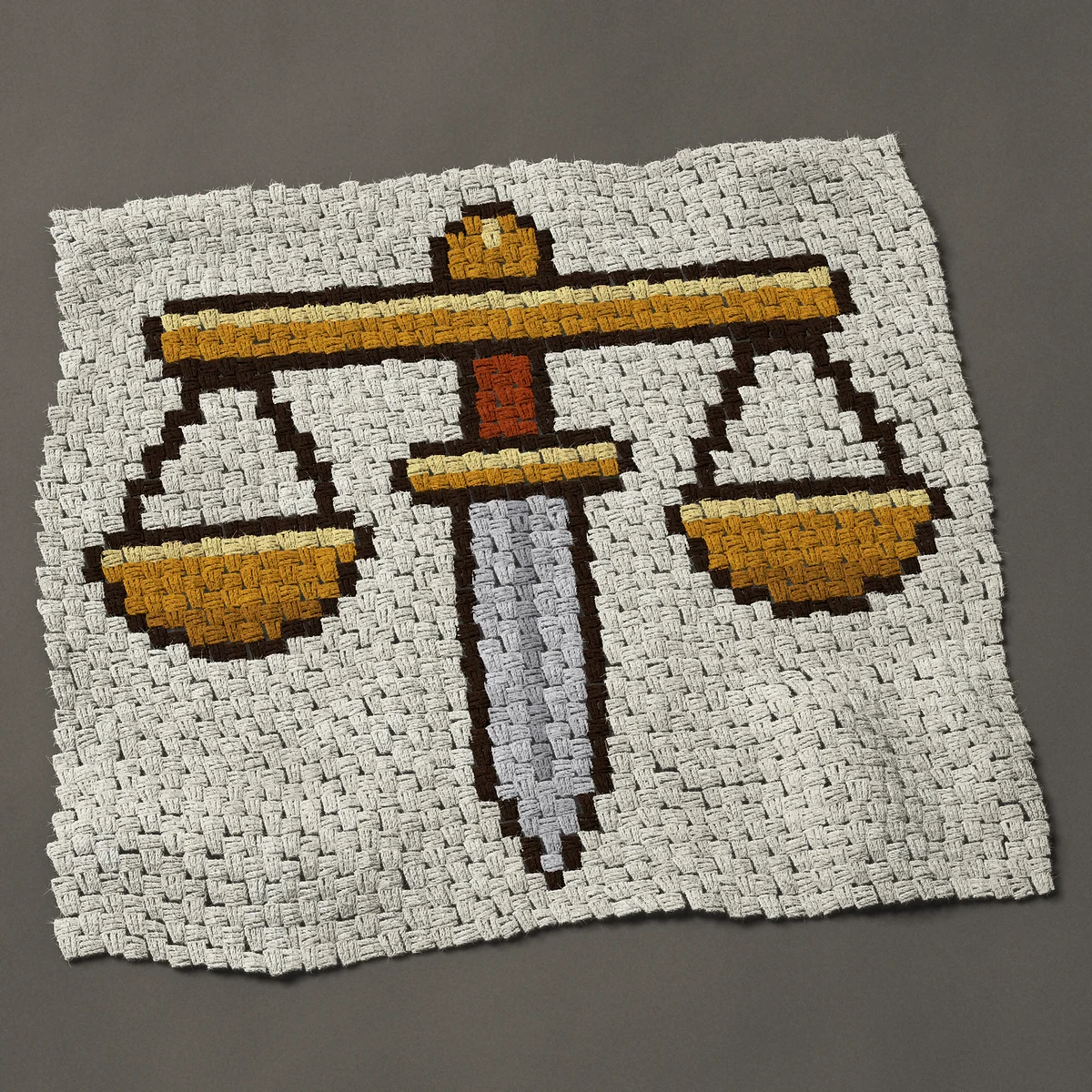 A baby blanket worked corner to corner, 36¾ by 33¾ inches: Scales of justice on an upright sword, a lawyer symbol, 49 by 45 blocks