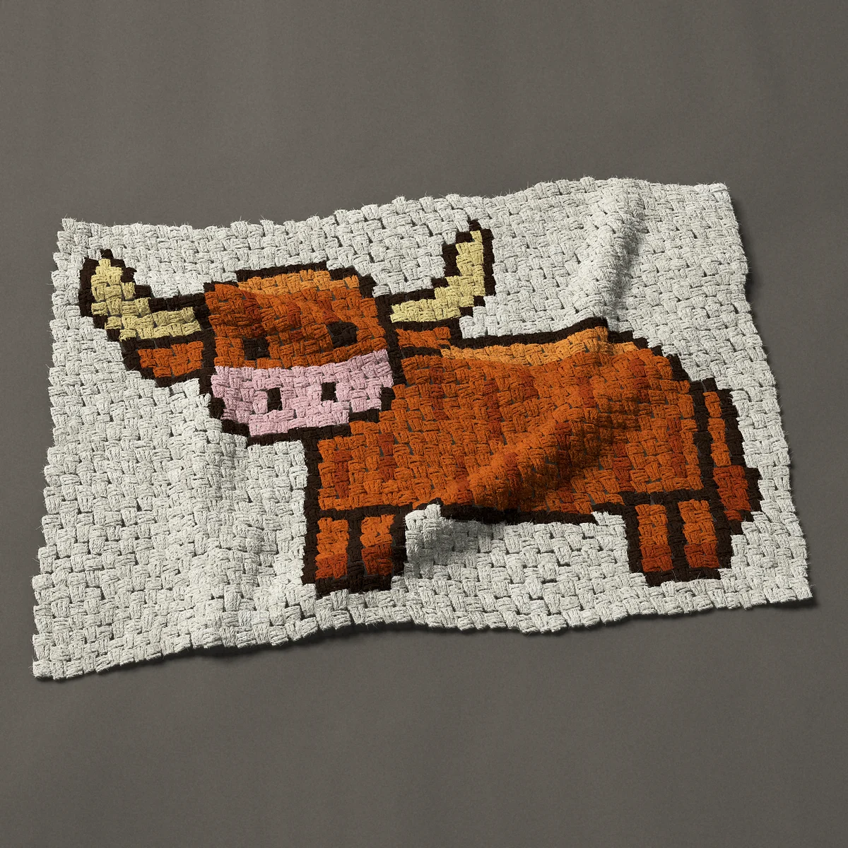 A baby blanket worked corner to corner, 39 by 28½ inches: Scottish Highland cow standing, shaggy with long horns, 52 by 38 blocks