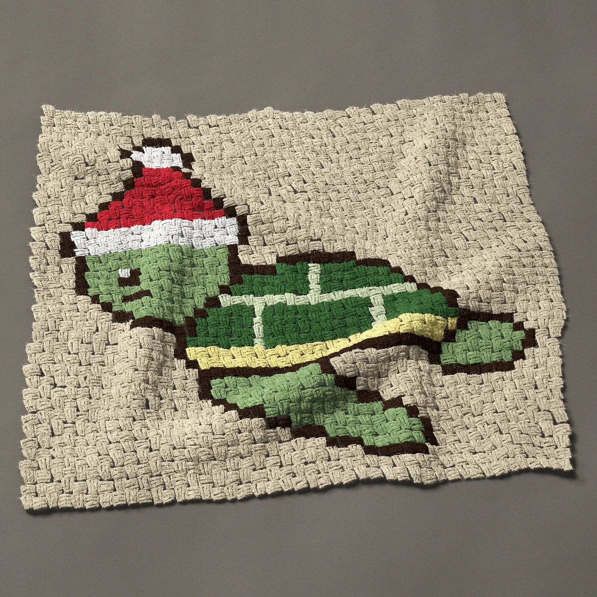 A panel worked corner to corner, 33¾ by 30¾ inches: Christmas sea turtle in a Santa hat, 45 by 41 blocks