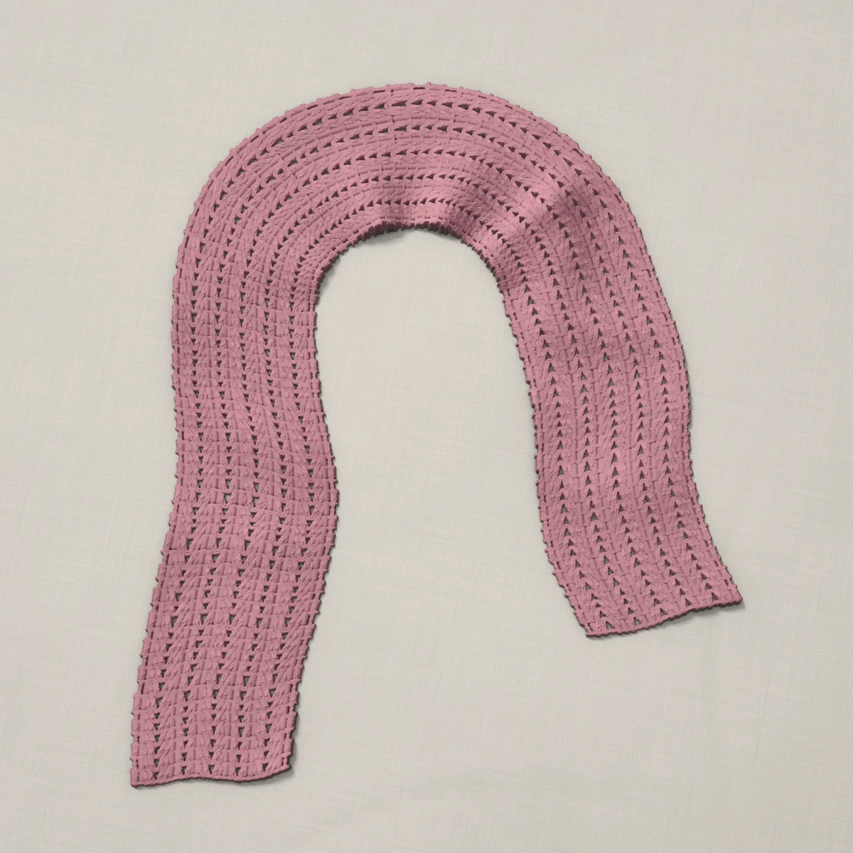 A scarf in shell and V-stitch columns, 7.1 by 60.3 inches, lying in a loose bend