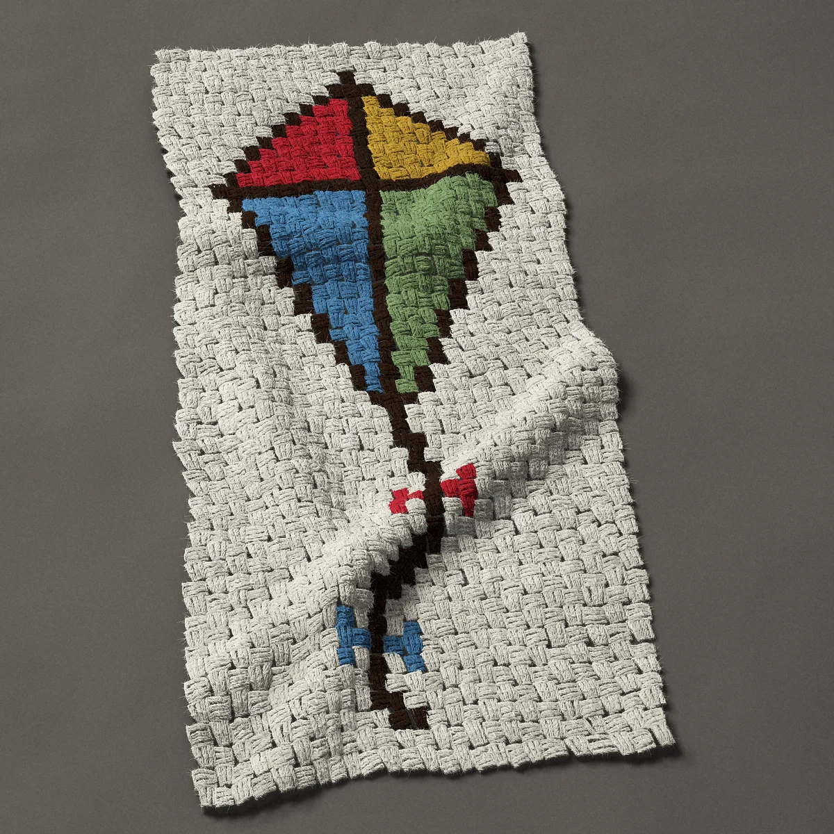 A panel worked corner to corner, 18¾ by 39½ inches: Diamond kite with two bows on its tail, 25 by 53 blocks