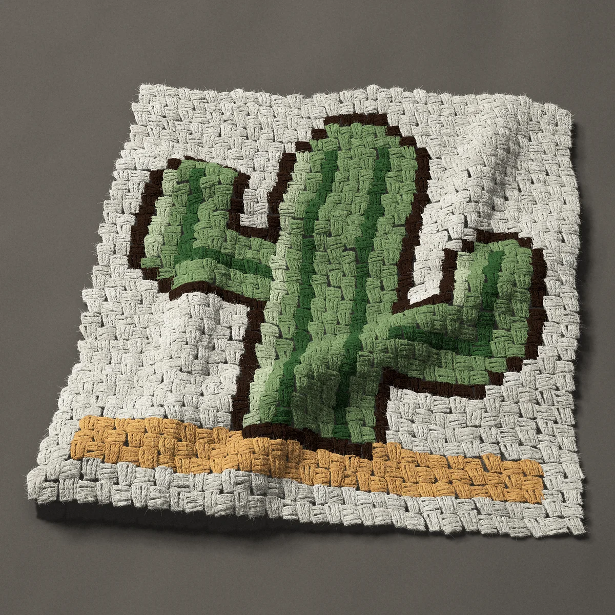 A panel worked corner to corner, 24¾ by 27 inches: Saguaro cactus in three greens, 33 by 36 blocks