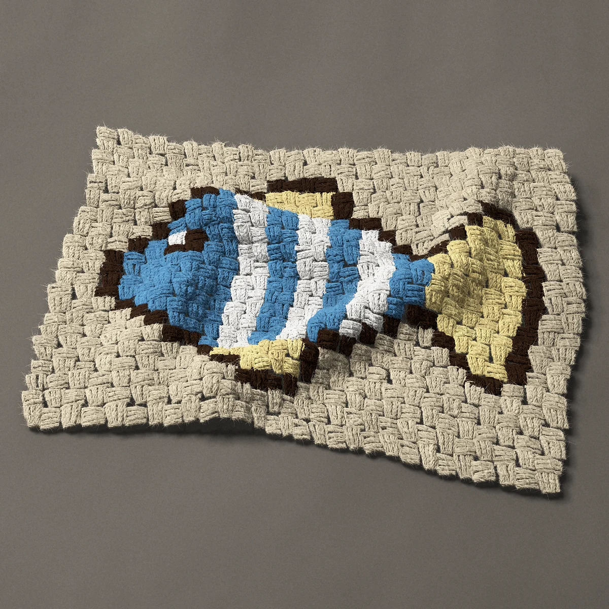 A panel worked corner to corner, 21¾ by 16½ inches: Striped tropical fish in blue and white, 29 by 22 blocks