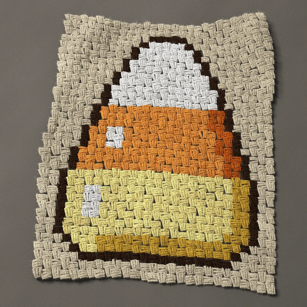 A panel worked corner to corner, 20¼ by 26¼ inches: Candy corn: a single piece with a shine, 27 by 35 blocks