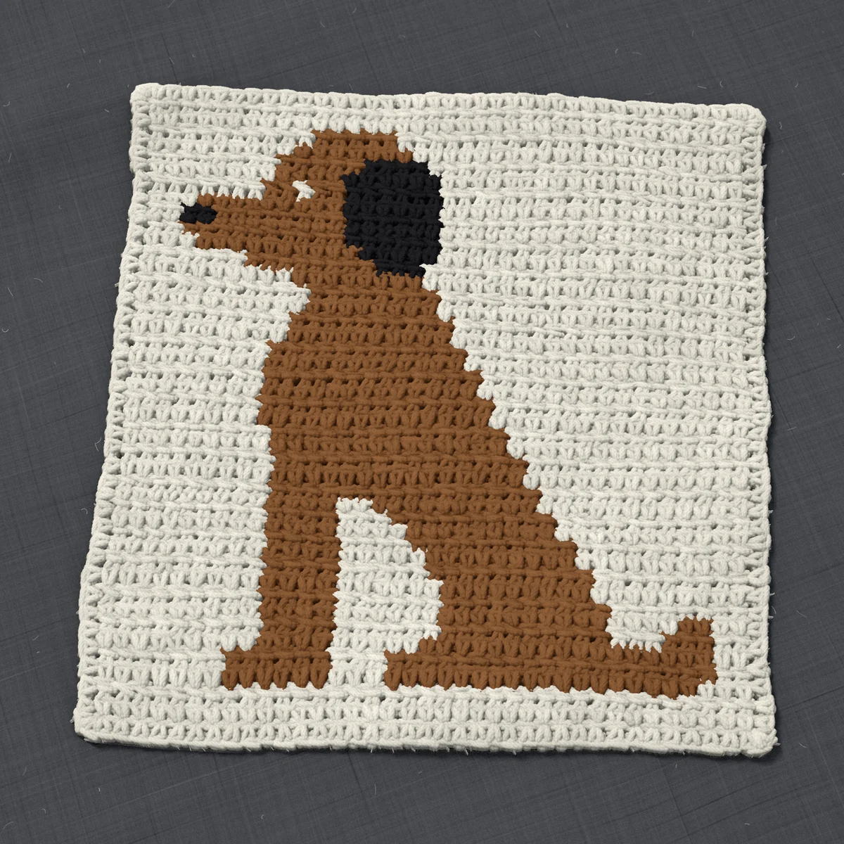 A panel in single crochet, 11.4 by 11.7 inches: a dog in brown and black on a cream ground, 37 stitches by 44 rows