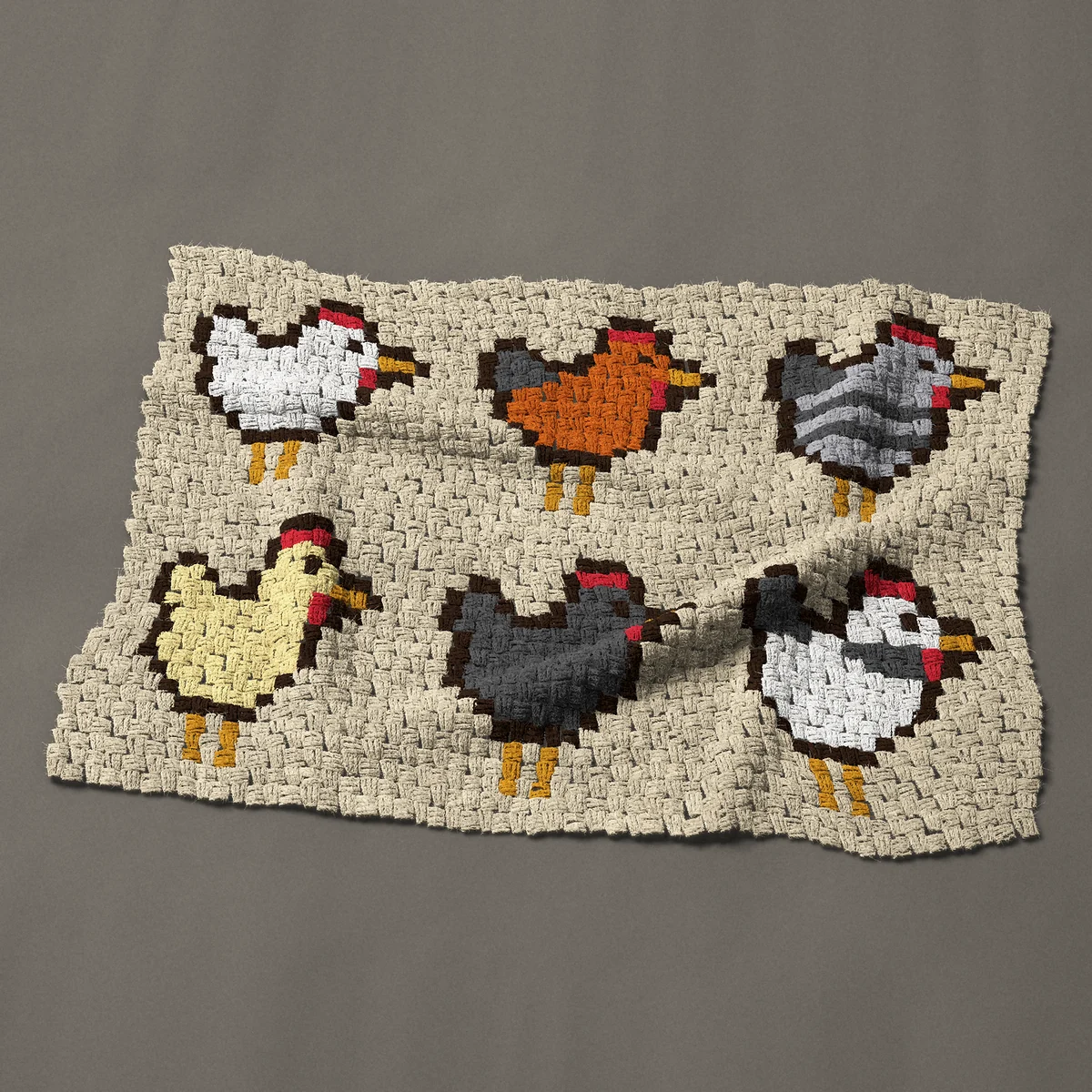 A baby blanket worked corner to corner, 41 by 29¼ inches: Six chickens in different colors, 55 by 39 blocks