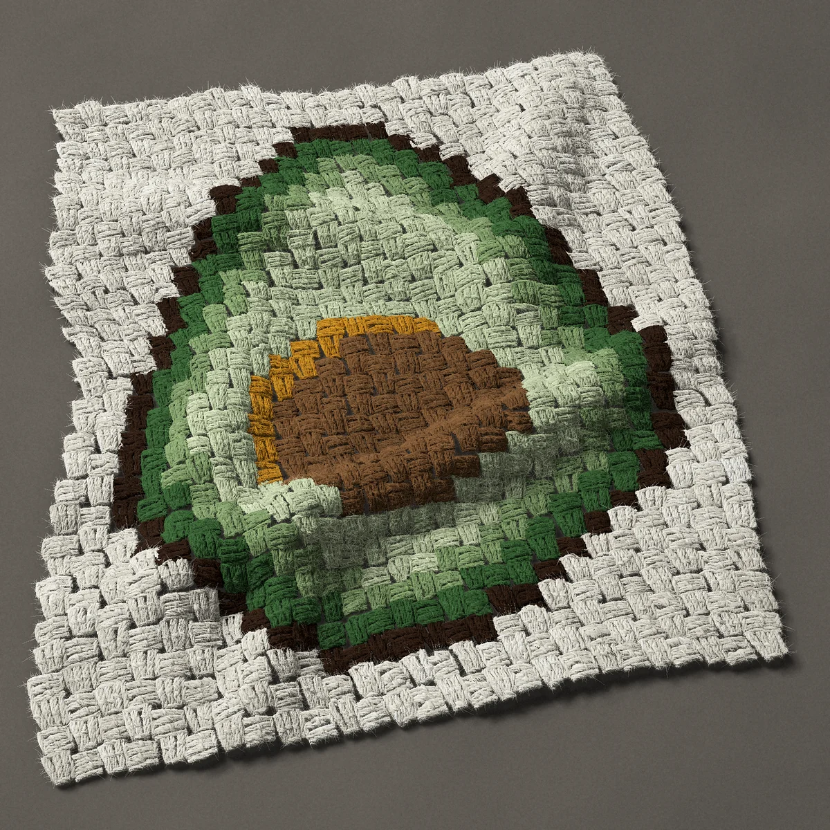 A panel worked corner to corner, 20¼ by 25½ inches: Avocado half with a brown stone, 27 by 34 blocks