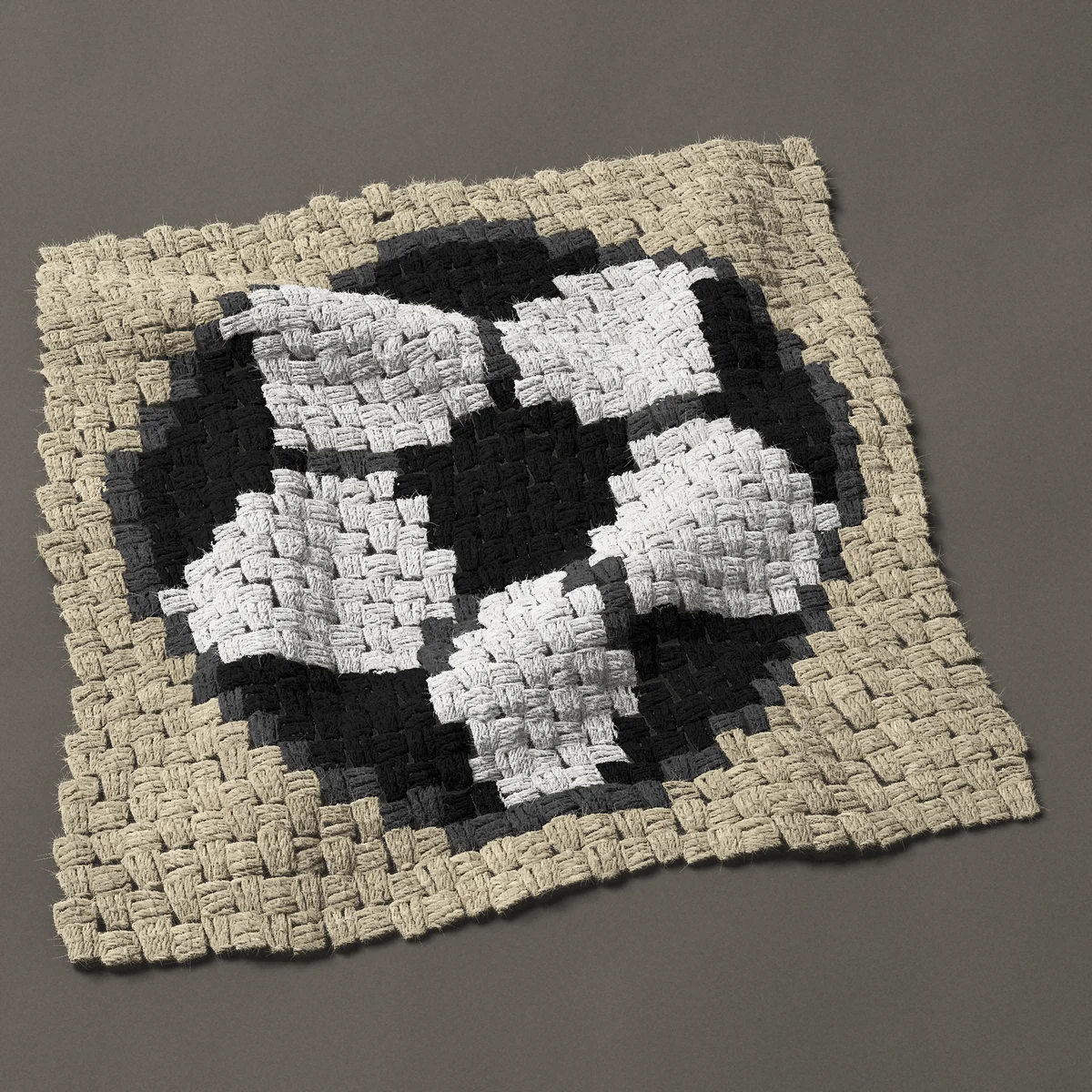 A panel worked corner to corner, 23¼ by 23¼ inches: Black and white soccer ball, 31 by 31 blocks