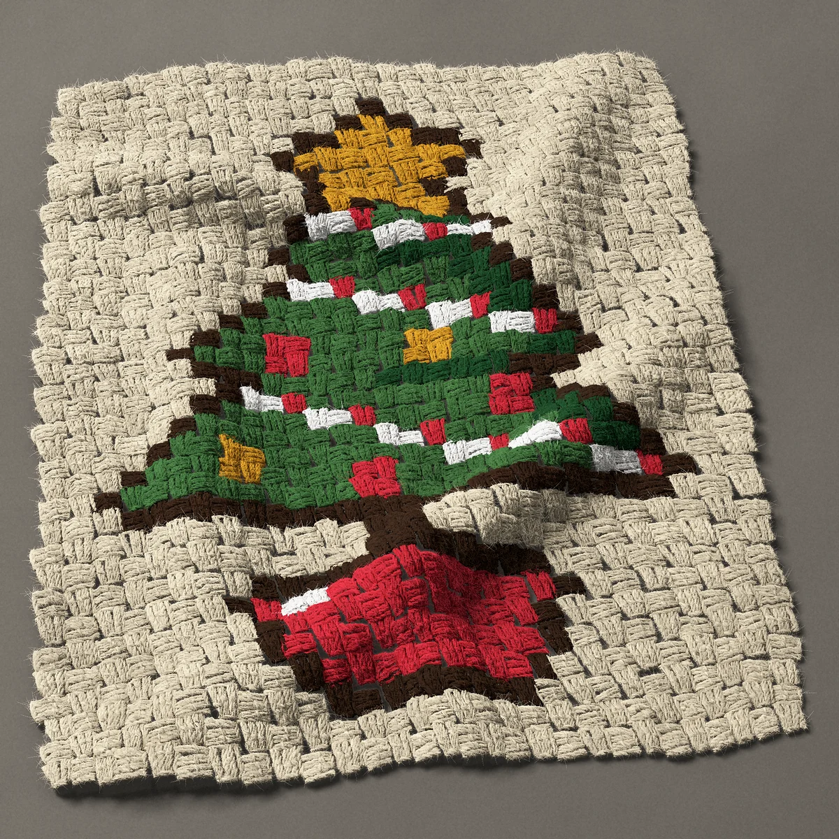 A panel worked corner to corner, 21¾ by 27 inches: Christmas tree in a red pot, 29 by 36 blocks