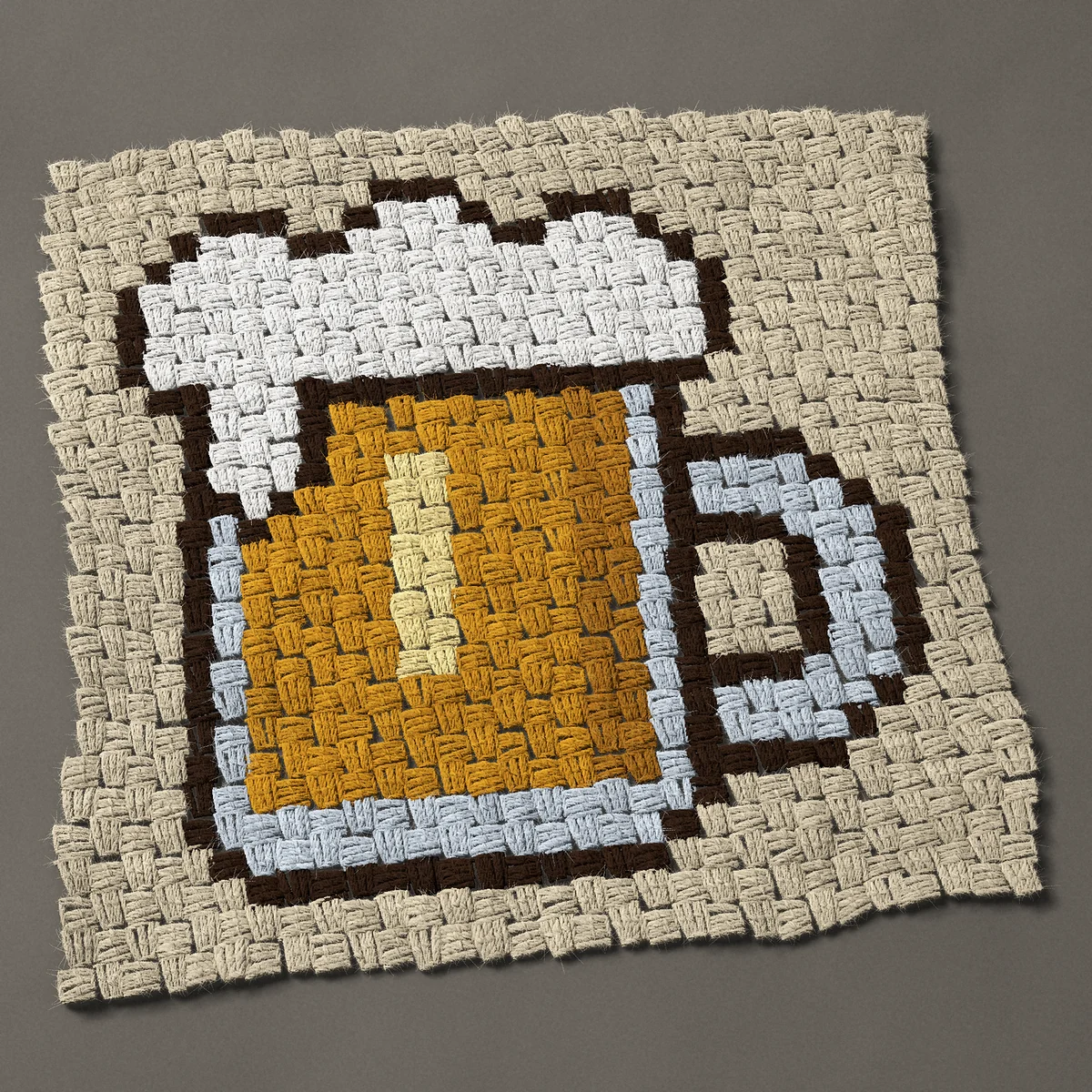 A panel worked corner to corner, 22½ by 22½ inches: Foaming beer mug with froth running over, 30 by 30 blocks