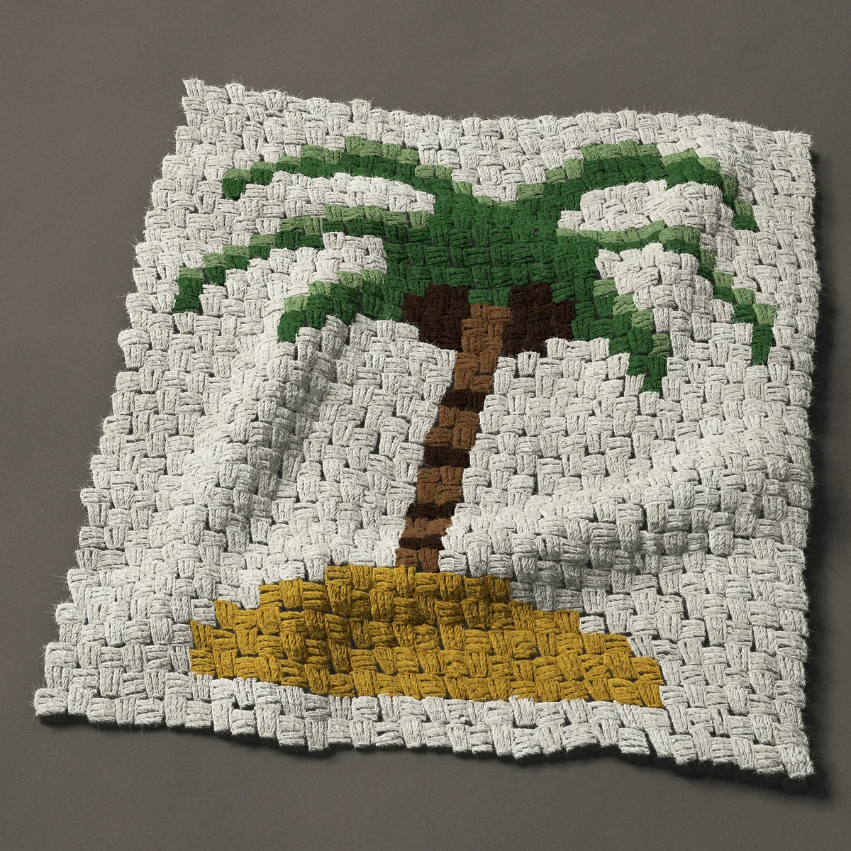 A panel worked corner to corner, 24 by 27 inches: Palm tree with coconuts on a mound of sand, 32 by 36 blocks