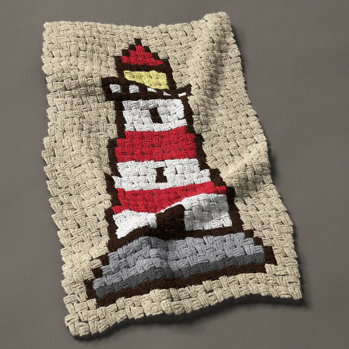 A panel worked corner to corner, 18¾ by 30¾ inches: Red and white striped lighthouse, 25 by 41 blocks