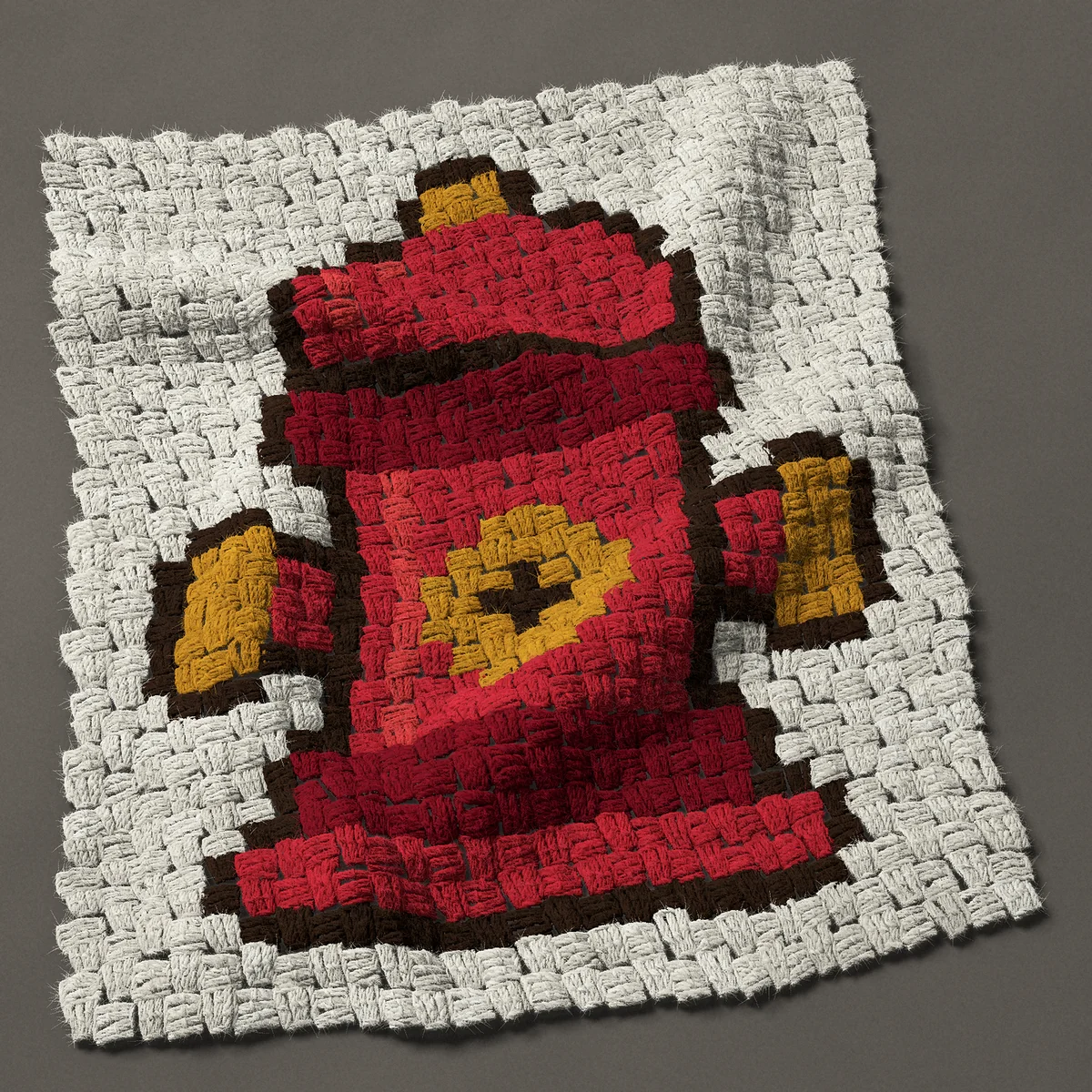 A panel worked corner to corner, 21¾ by 26¼ inches: Red fire hydrant with gold caps, 29 by 35 blocks