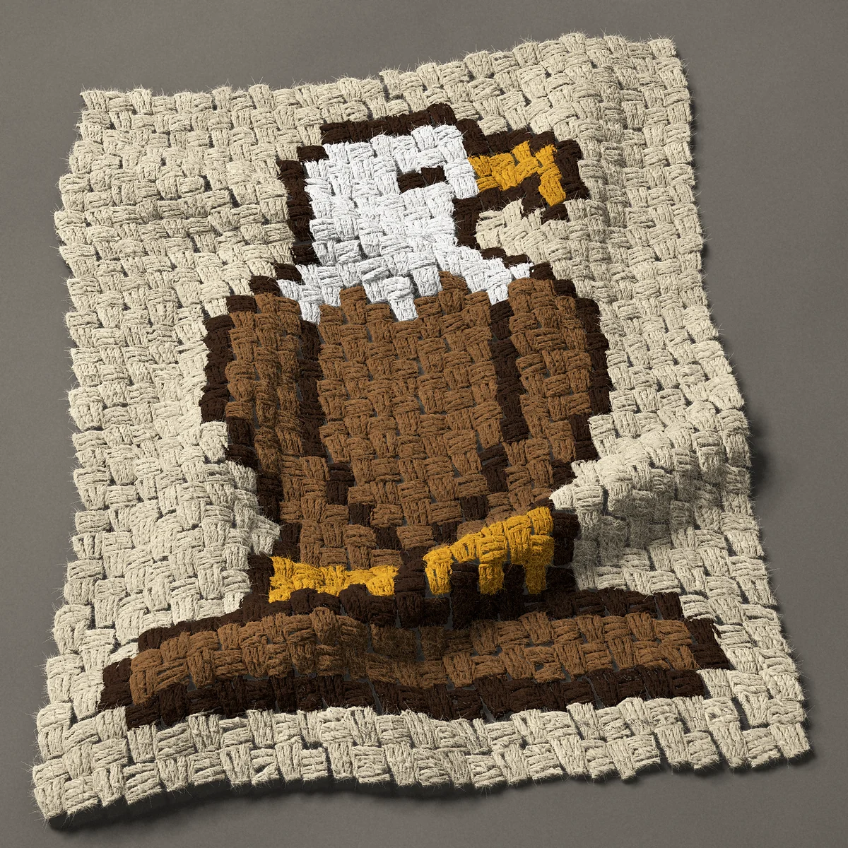 A panel worked corner to corner, 20¼ by 26¼ inches: Bald eagle on a branch, facing front, 27 by 35 blocks