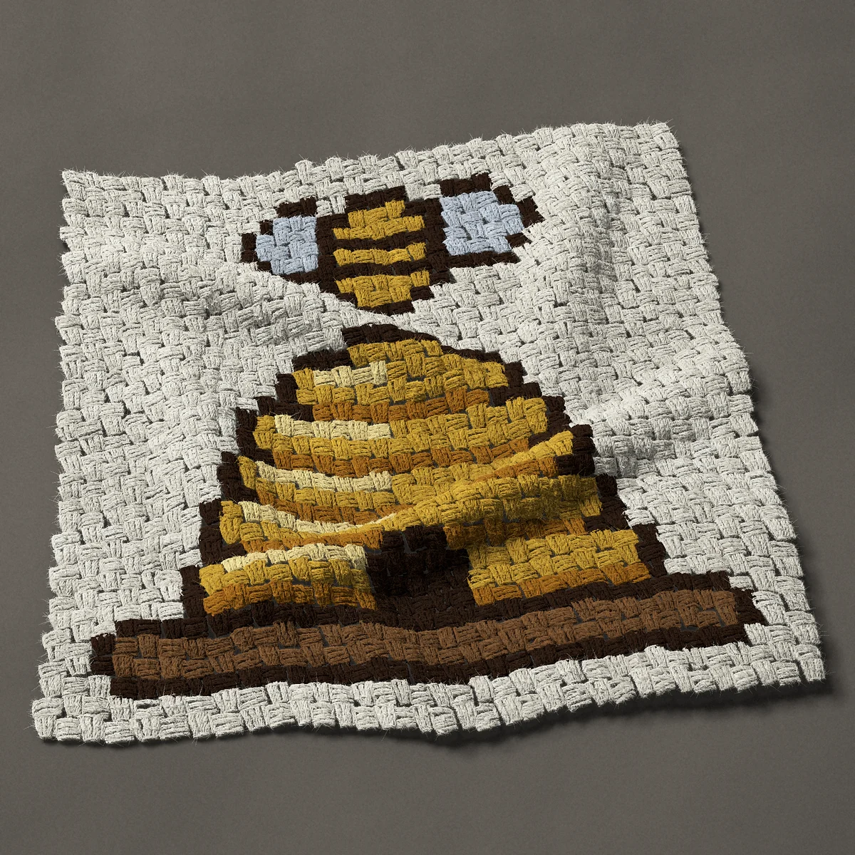 A panel worked corner to corner, 26¼ by 27 inches: Straw bee skep beehive with one bee above, 35 by 36 blocks