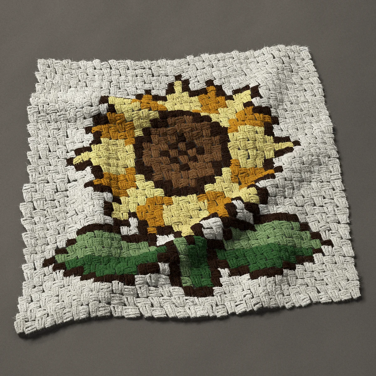 A panel worked corner to corner, 26¼ by 27 inches: Sunflower with two leaves, 35 by 36 blocks