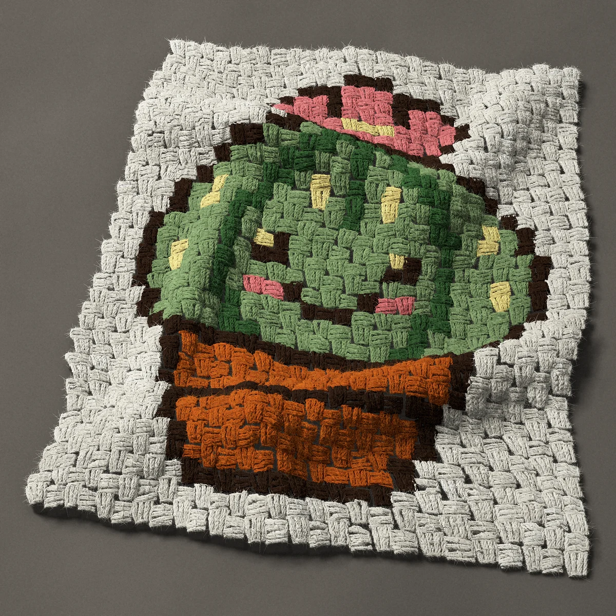 A panel worked corner to corner, 20¼ by 26¼ inches: Cute cactus with a smiling face in a pot, 27 by 35 blocks