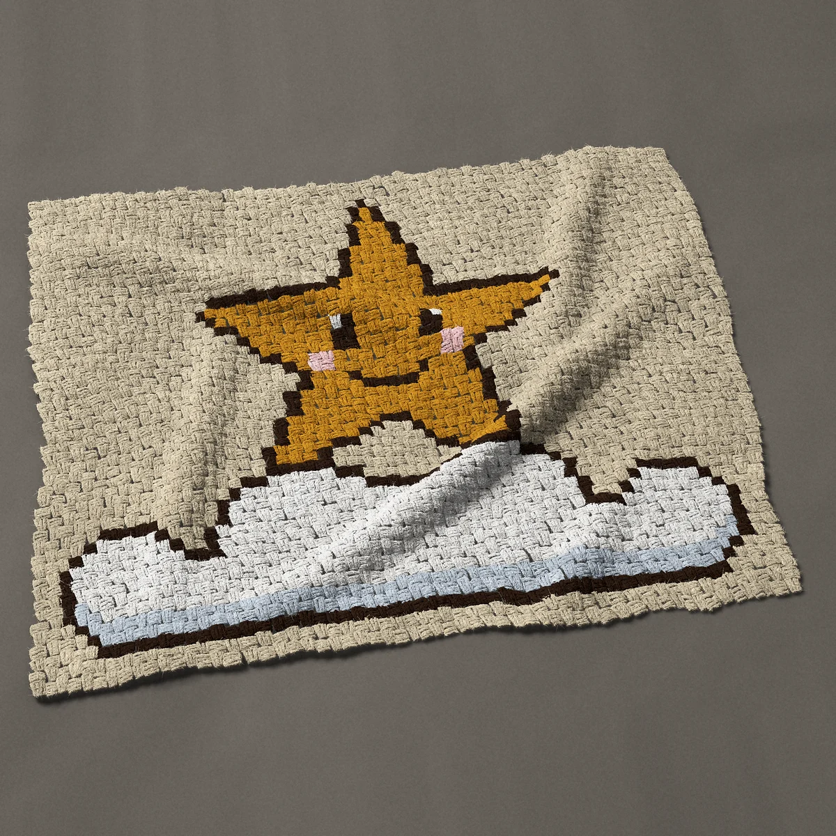 A baby blanket worked corner to corner, 44 by 36 inches: Smiling little star standing on a white cloud, 59 by 48 blocks