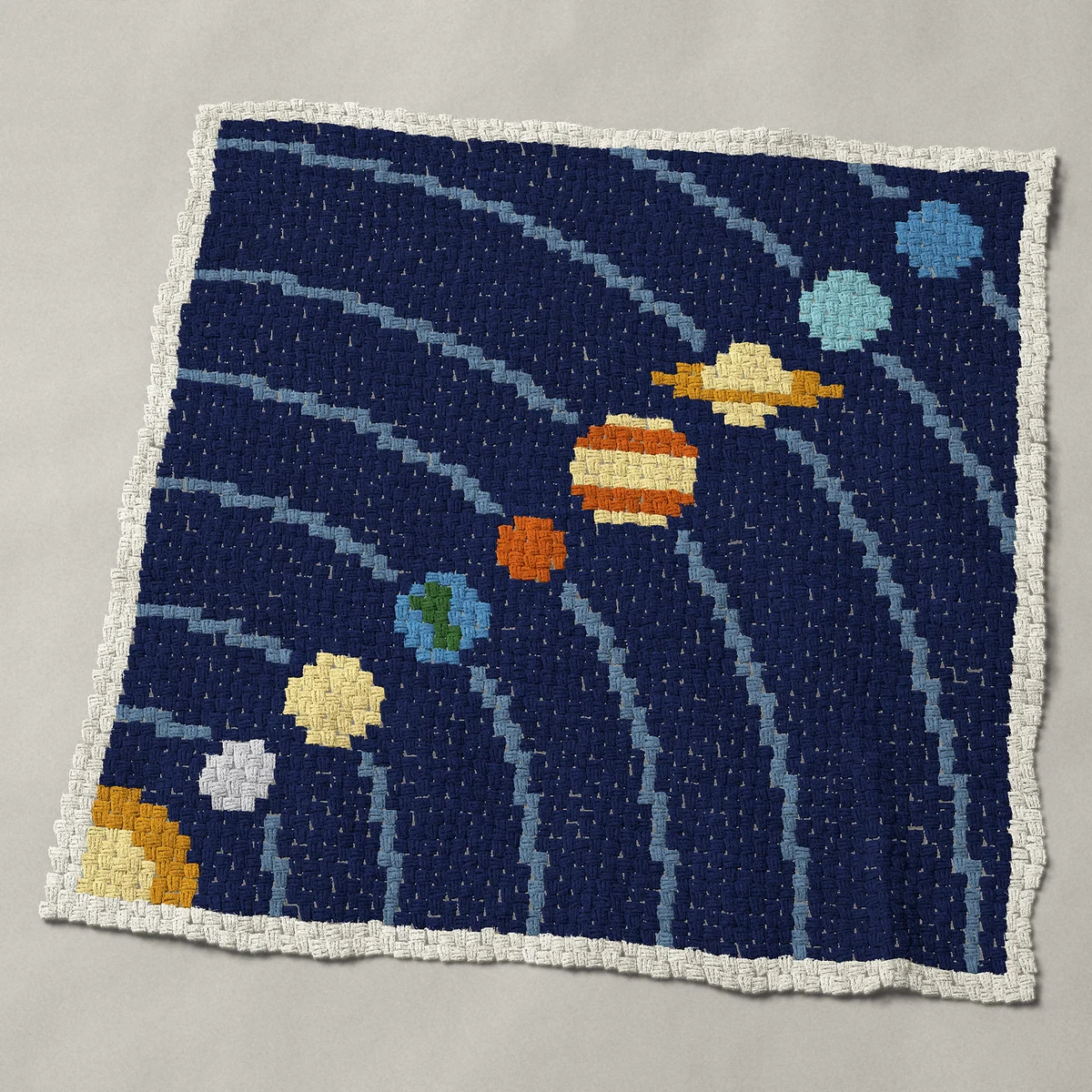 A throw worked corner to corner, 51 by 51 inches: Solar system: the Sun and eight planets on their orbits, 68 by 68 blocks
