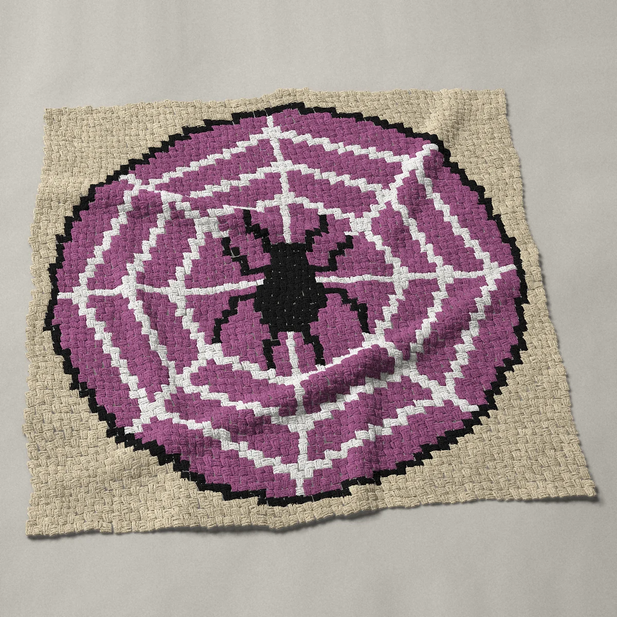 A panel worked corner to corner, 48½ by 48½ inches: Spider web with a black spider, 65 by 65 blocks