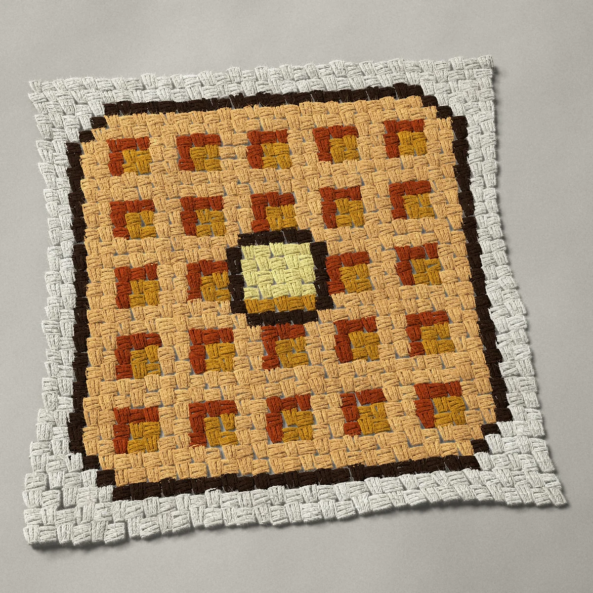 A panel worked corner to corner, 24¾ by 24¾ inches: Square breakfast waffle with a pat of butter, 33 by 33 blocks