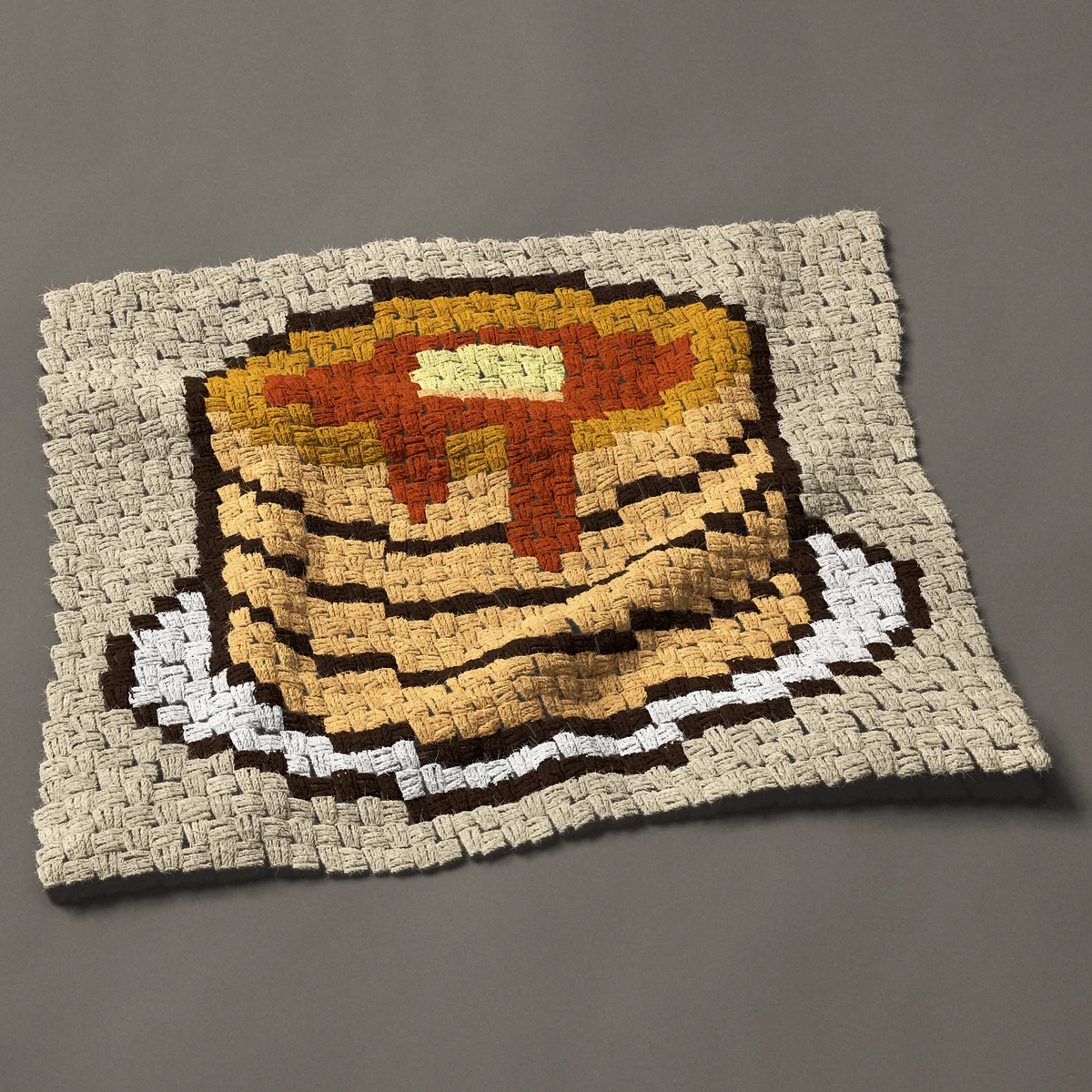 A panel worked corner to corner, 30¾ by 25½ inches: Stack of breakfast pancakes with butter and syrup, 41 by 34 blocks