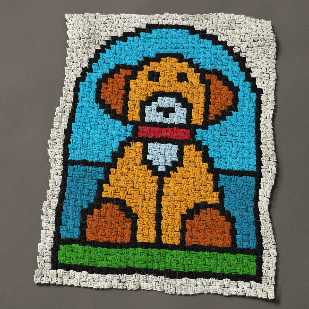 A baby blanket worked corner to corner, 27¾ by 37½ inches: Stained glass dog sitting in an arched window, 37 by 50 blocks