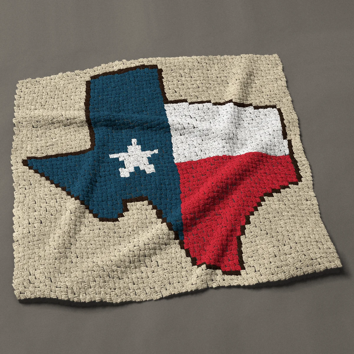 A panel worked corner to corner, 47 by 44 inches: State of Texas map filled with the Lone Star flag, 63 by 59 blocks