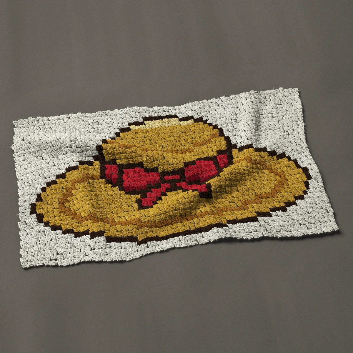 A baby blanket worked corner to corner, 44 by 25½ inches: Straw sun hat with a red ribbon bow, 59 by 34 blocks