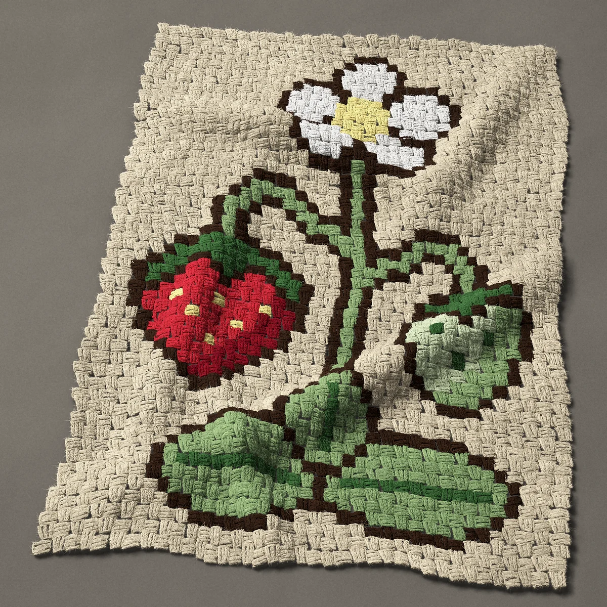A baby blanket worked corner to corner, 28½ by 40½ inches: Strawberry plant with a flower and two strawberries, 38 by 54 blocks