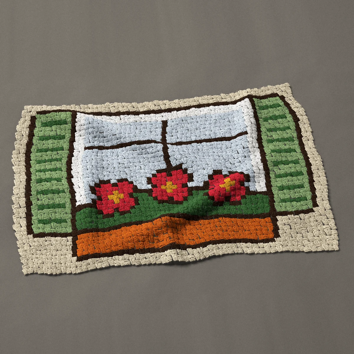 A baby blanket worked corner to corner, 44 by 30¾ inches: Summer window box of red flowers with green shutters, 59 by 41 blocks
