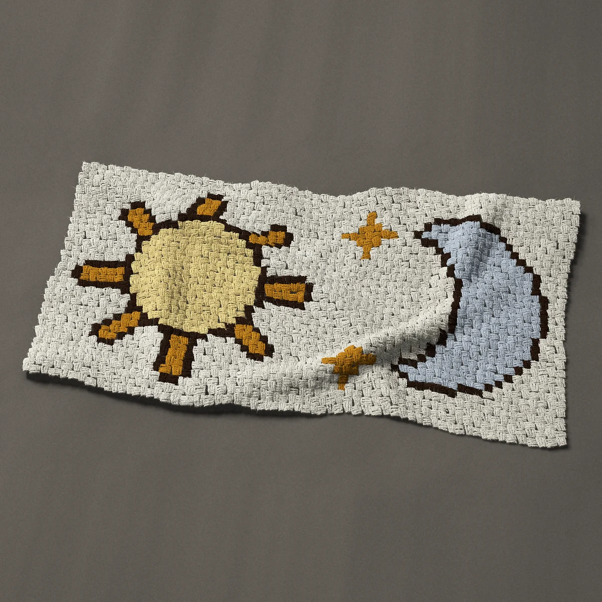 A baby blanket worked corner to corner, 47 by 25½ inches: Sun and moon: sun, crescent moon and two stars, 63 by 34 blocks