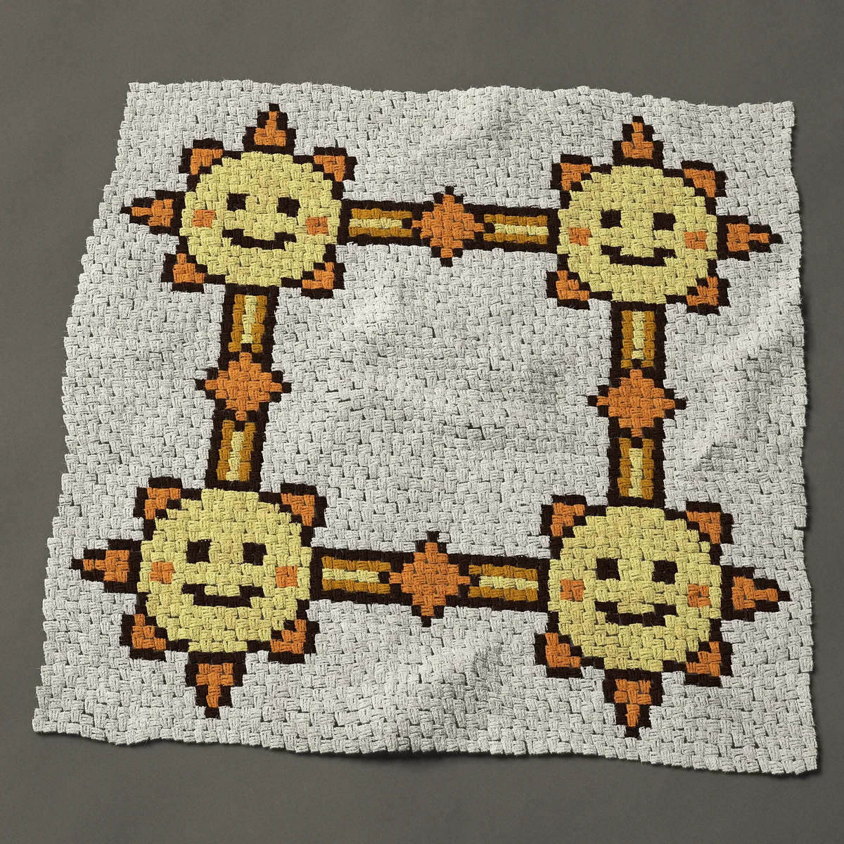 A throw worked corner to corner, 50 by 50 inches: Sun border frame with four smiling suns, 67 by 67 blocks