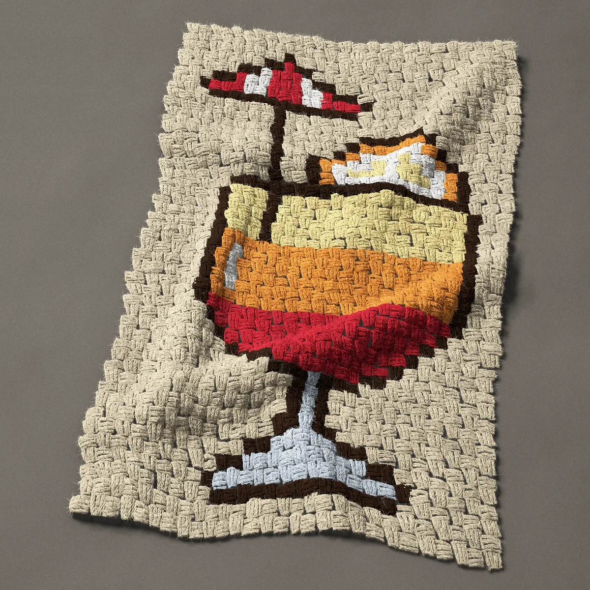 A panel worked corner to corner, 21 by 34½ inches: Sunrise cocktail with a paper umbrella and orange slice, 28 by 46 blocks