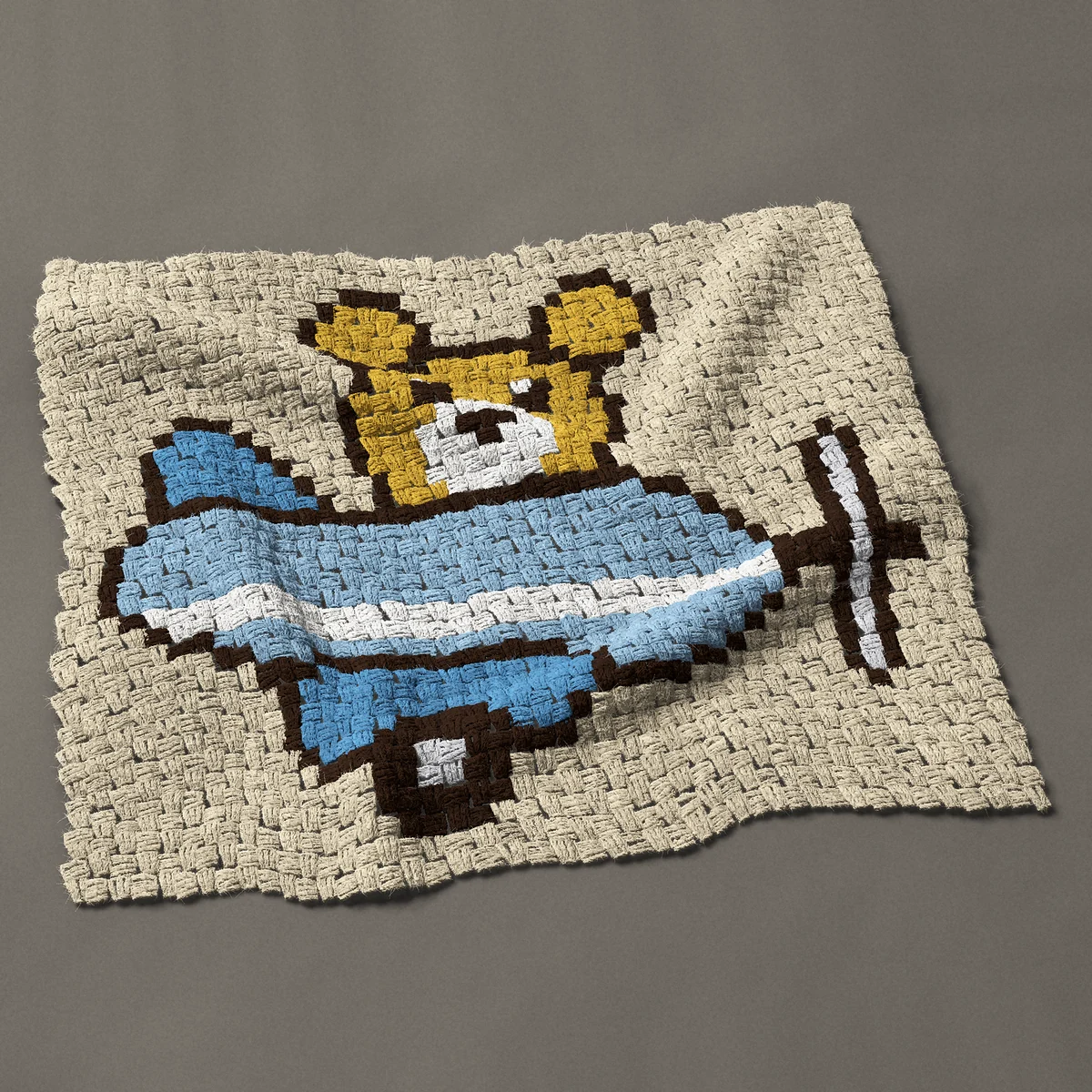 A panel worked corner to corner, 33¾ by 28½ inches: Teddy bear pilot in a baby blue airplane, 45 by 38 blocks