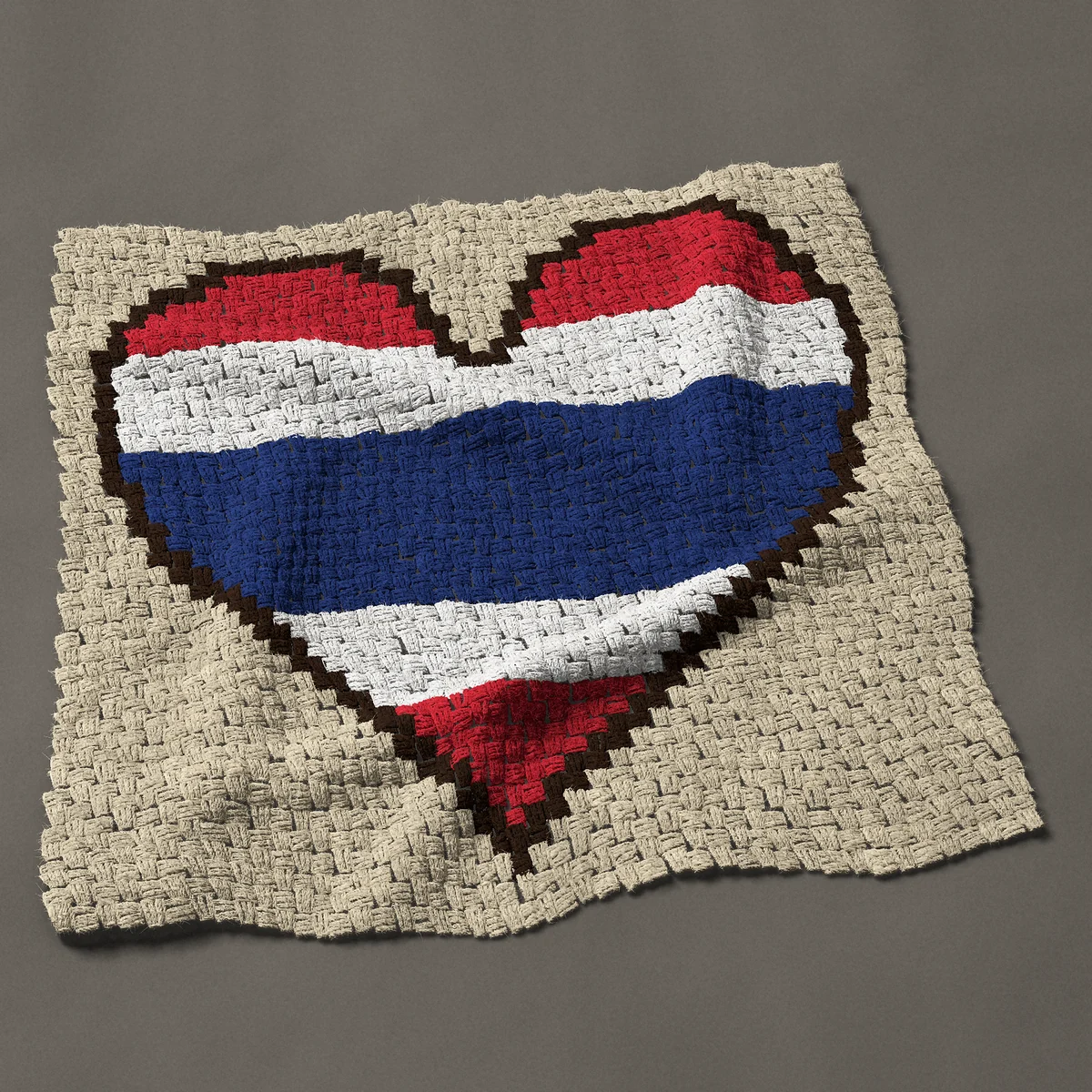 A panel worked corner to corner, 35¼ by 33¾ inches: Thailand flag heart, the Thai flag in a heart, 47 by 45 blocks