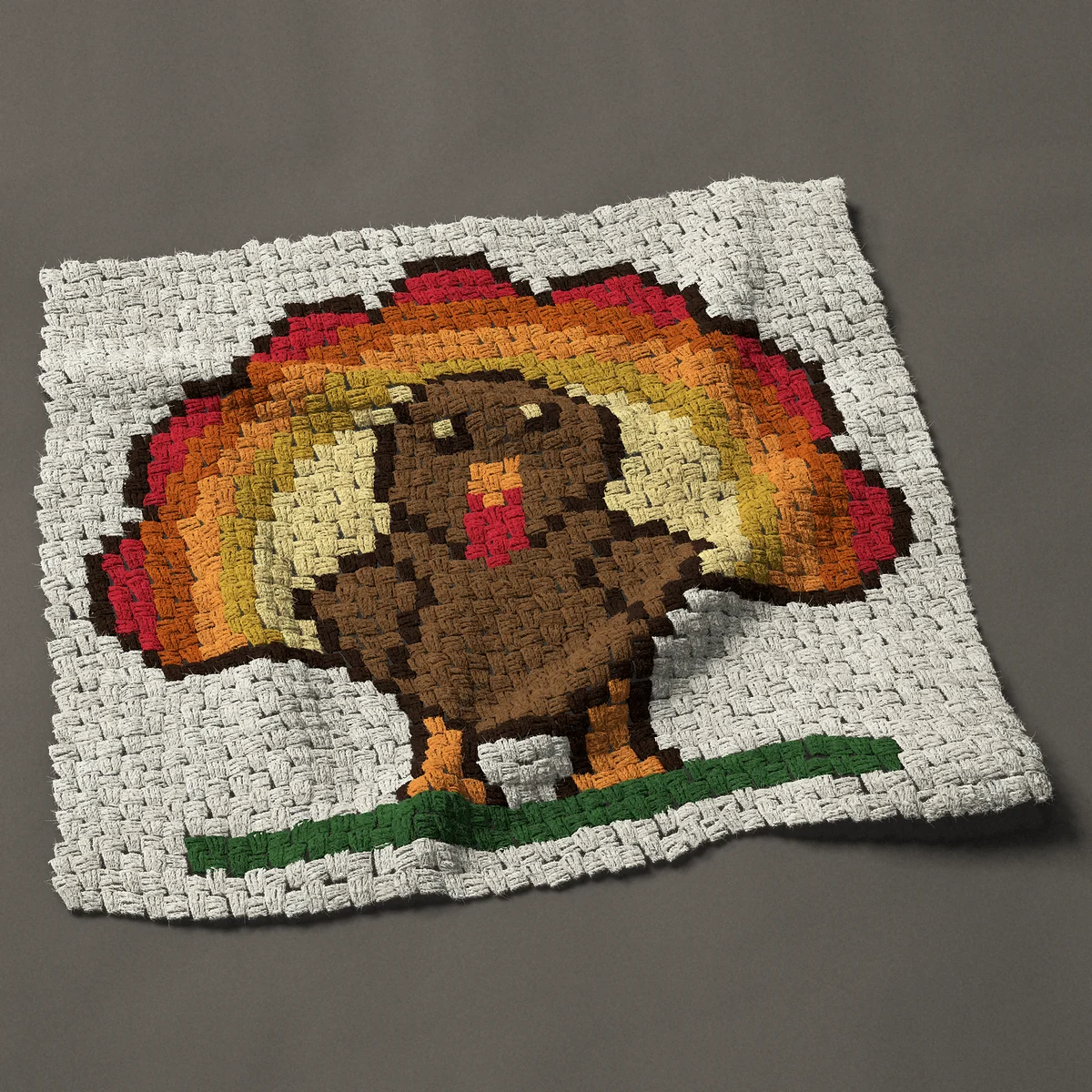 A panel worked corner to corner, 35¼ by 31½ inches: Thanksgiving turkey with fanned tail, 47 by 42 blocks