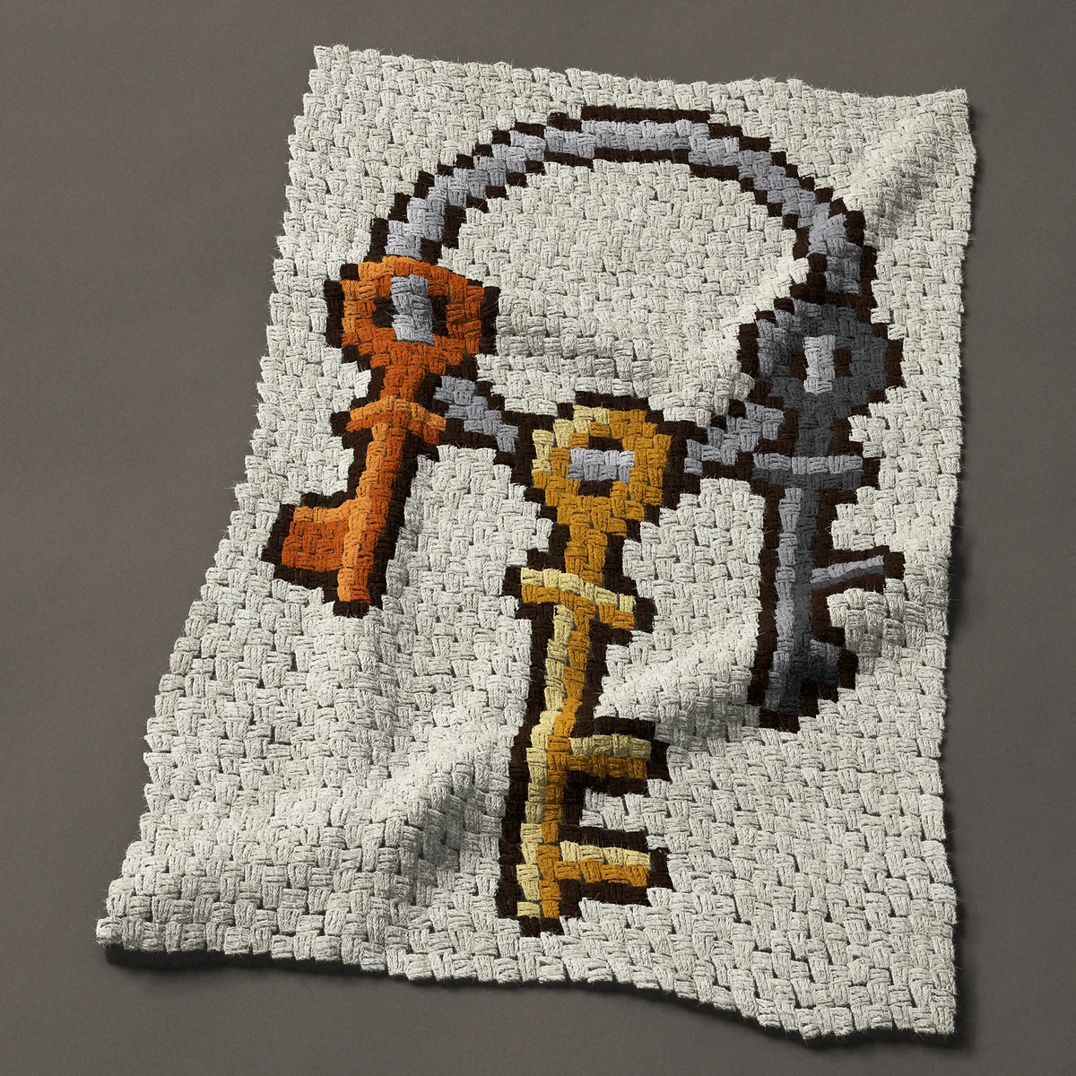 A baby blanket worked corner to corner, 30 by 45½ inches: Three vintage keys on a key ring: copper, brass, iron, 40 by 61 blocks