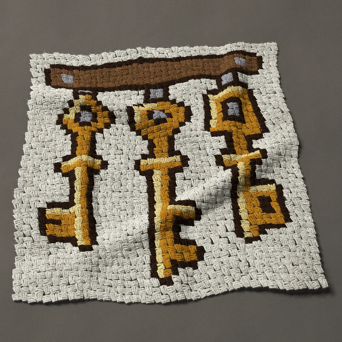 A panel worked corner to corner, 31½ by 34½ inches: Three vintage keys hanging on a wooden key rack, 42 by 46 blocks
