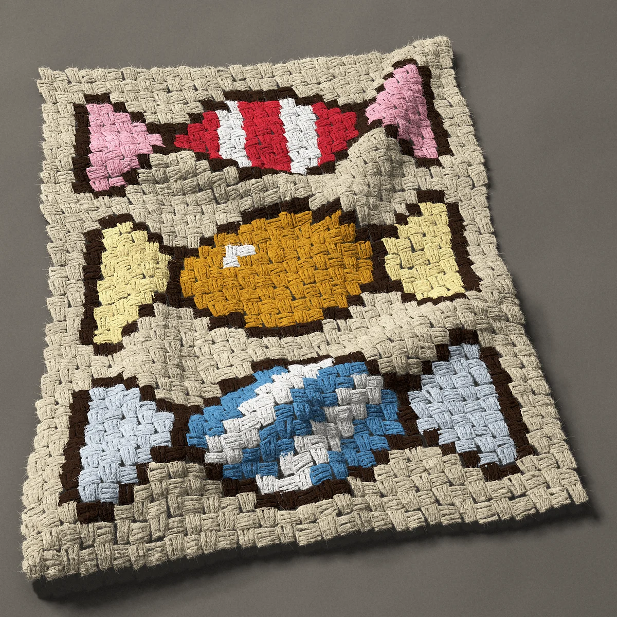 A panel worked corner to corner, 23¼ by 30¾ inches: Three wrapped hard candies in red, gold and blue, 31 by 41 blocks