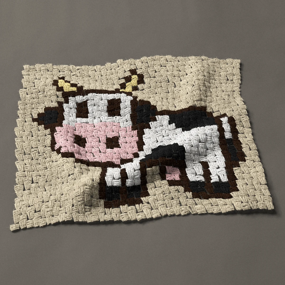 A panel worked corner to corner, 27 by 22½ inches: Black and white cow standing, 36 by 30 blocks