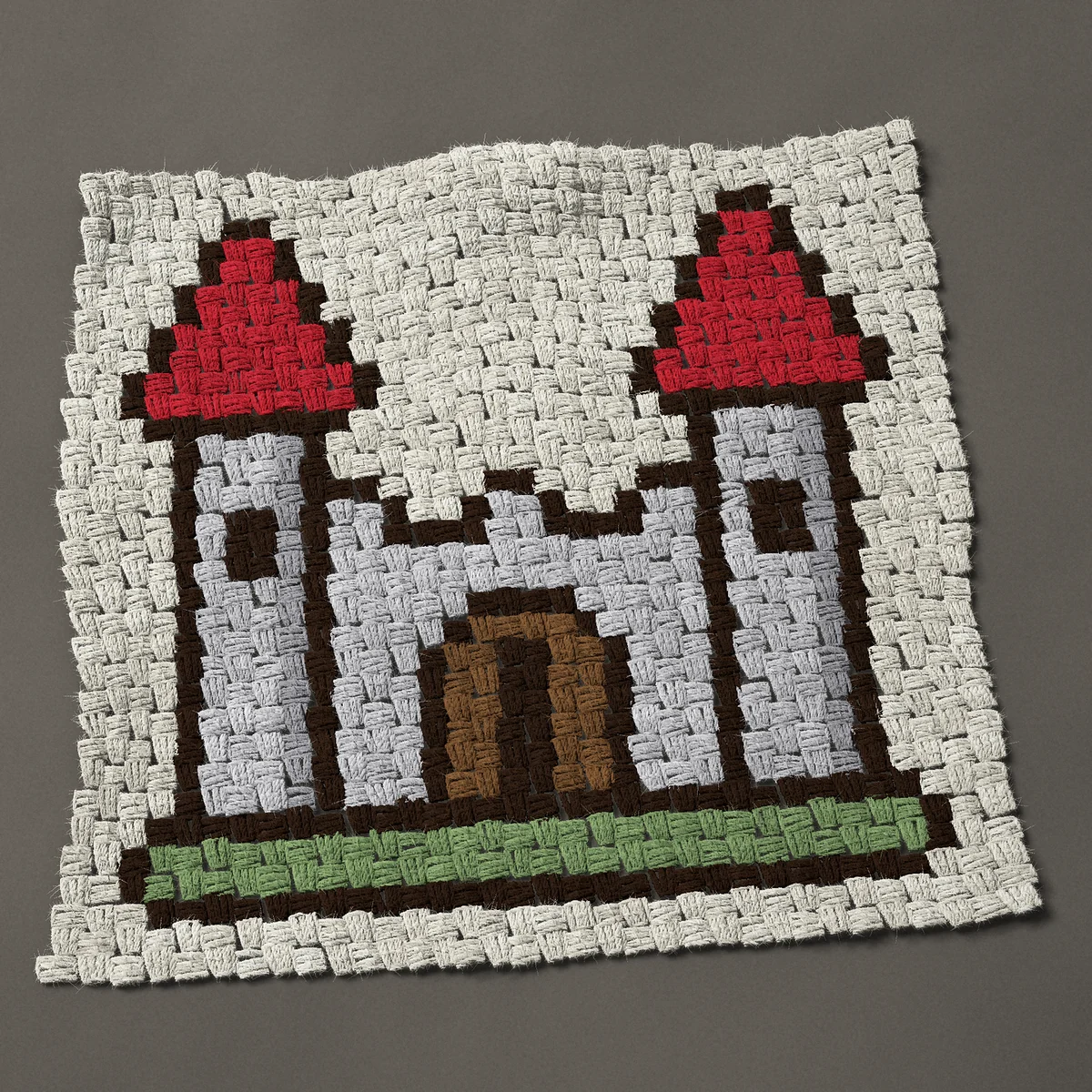 A panel worked corner to corner, 25½ by 24¾ inches: Castle with two red-roofed towers, 34 by 33 blocks