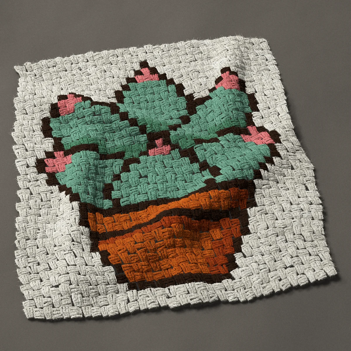 A panel worked corner to corner, 24¾ by 27 inches: Succulent in a terracotta pot with pink leaf tips, 33 by 36 blocks