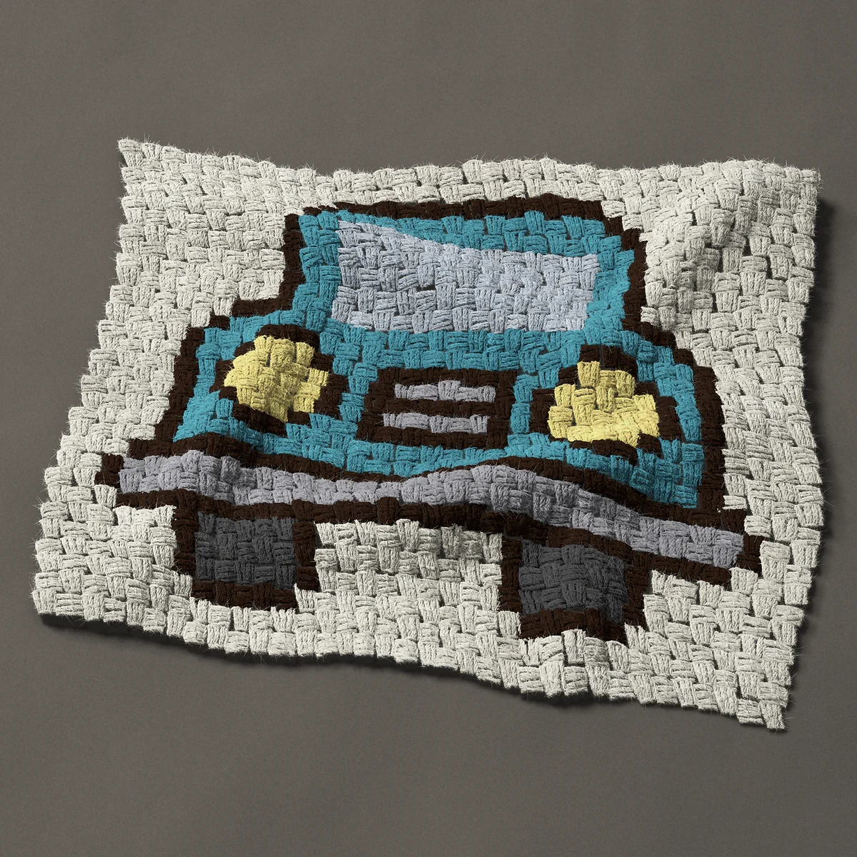 A panel worked corner to corner, 26¼ by 22½ inches: Teal car seen from the front with round headlights, 35 by 30 blocks