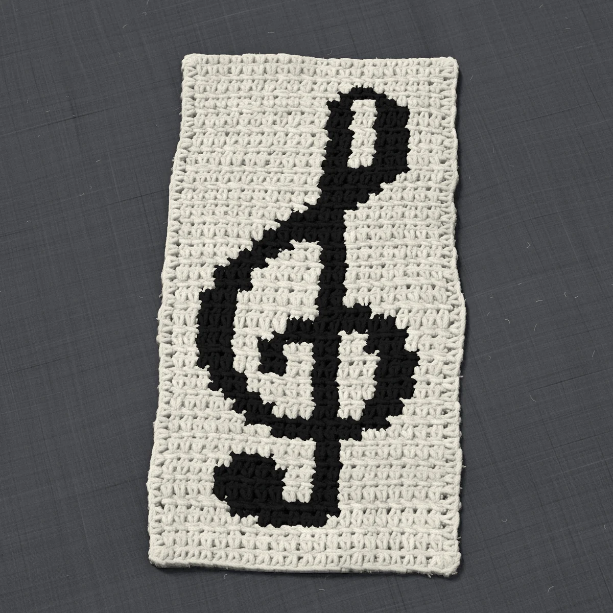 A panel in single crochet, 6.5 by 12.5 inches: a treble clef in black on a cream ground, 21 stitches by 47 rows