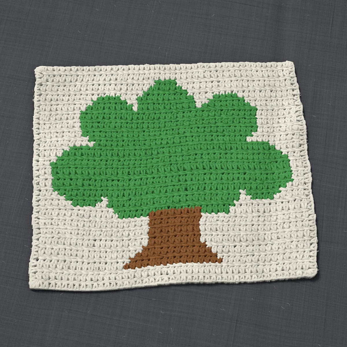 A panel in single crochet, 13.5 by 11.2 inches: a tree in green and brown on a cream ground, 44 stitches by 42 rows