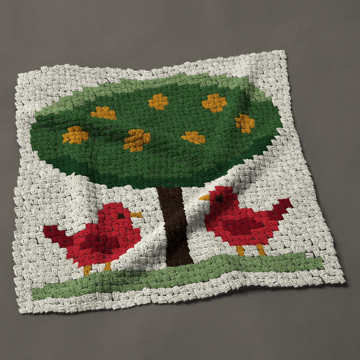 A panel worked corner to corner, 36 by 36 inches: Tree of life with golden fruit and two red birds, 48 by 48 blocks